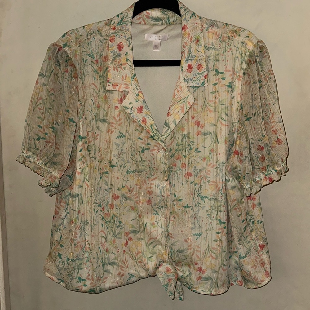 LC Lauren Conrad floral puff sleeve button down blouse